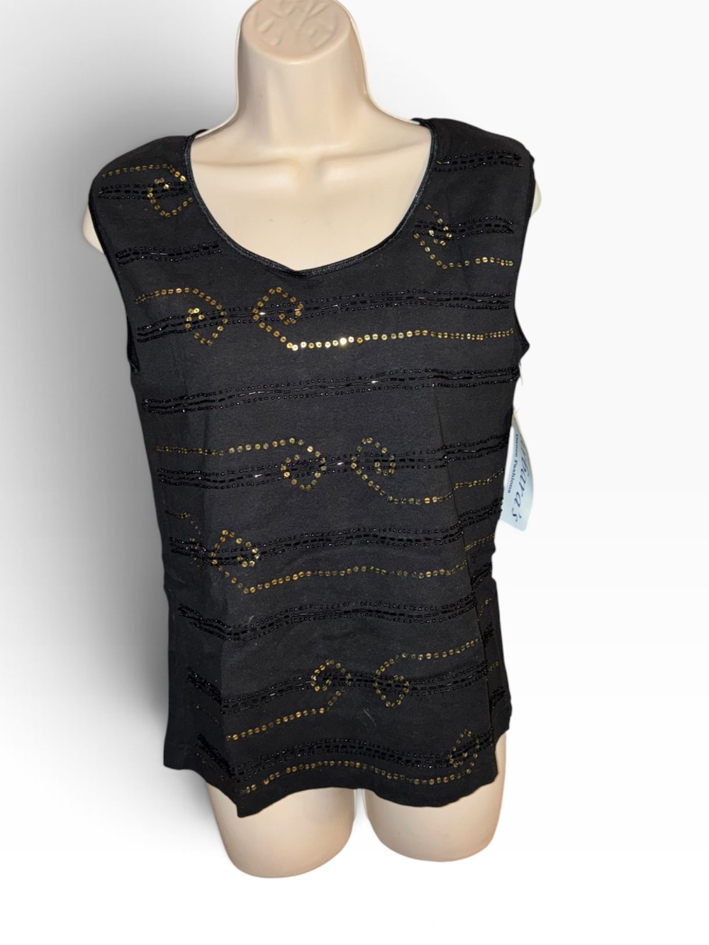 Black Sleeveless Sequin Wave Tank Top